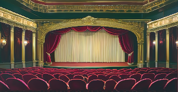An inviting theater with red velvet seats and golden decorations, a spotlight on an empty stage.