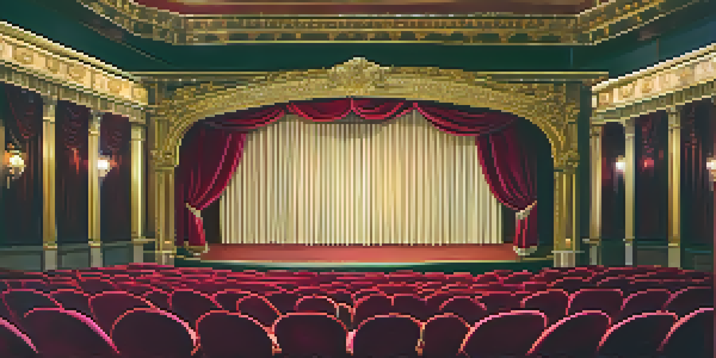 An inviting theater with red velvet seats and golden decorations, a spotlight on an empty stage.