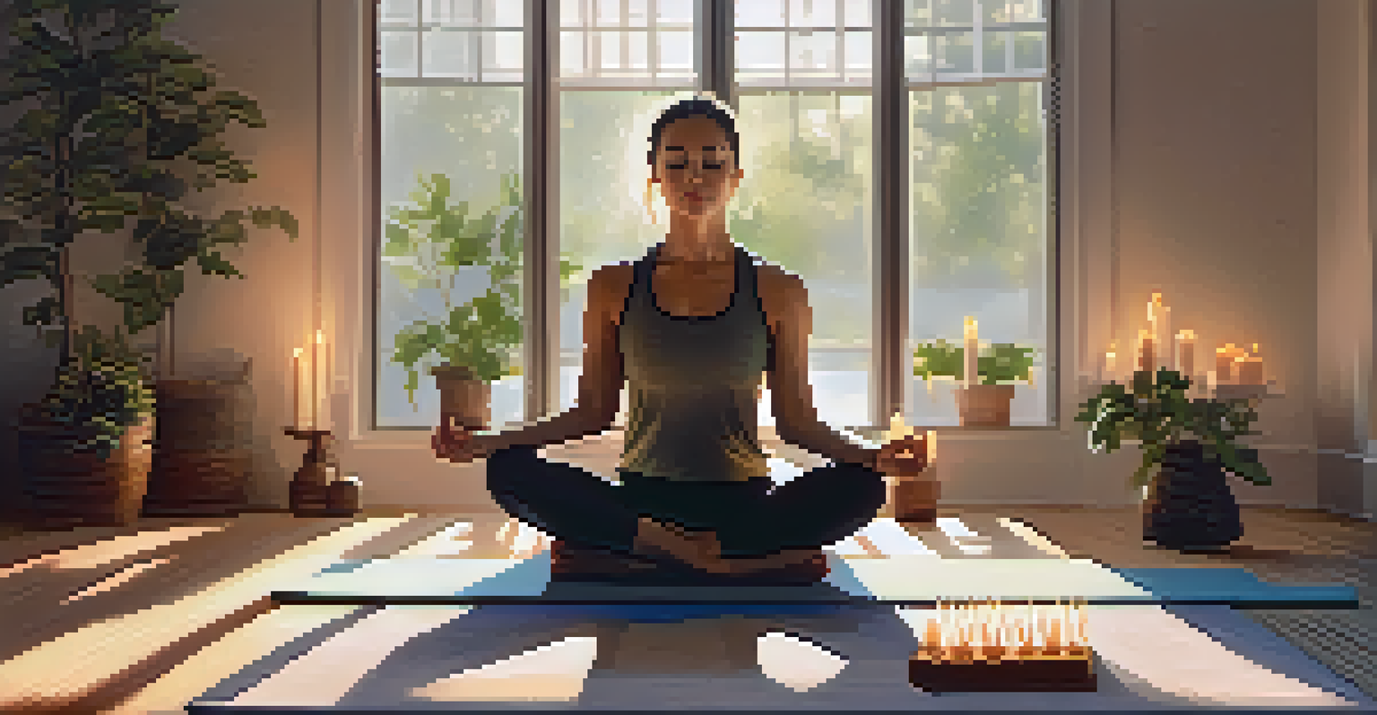 A person meditating on a yoga mat in a serene environment, surrounded by candles and soft sunlight.