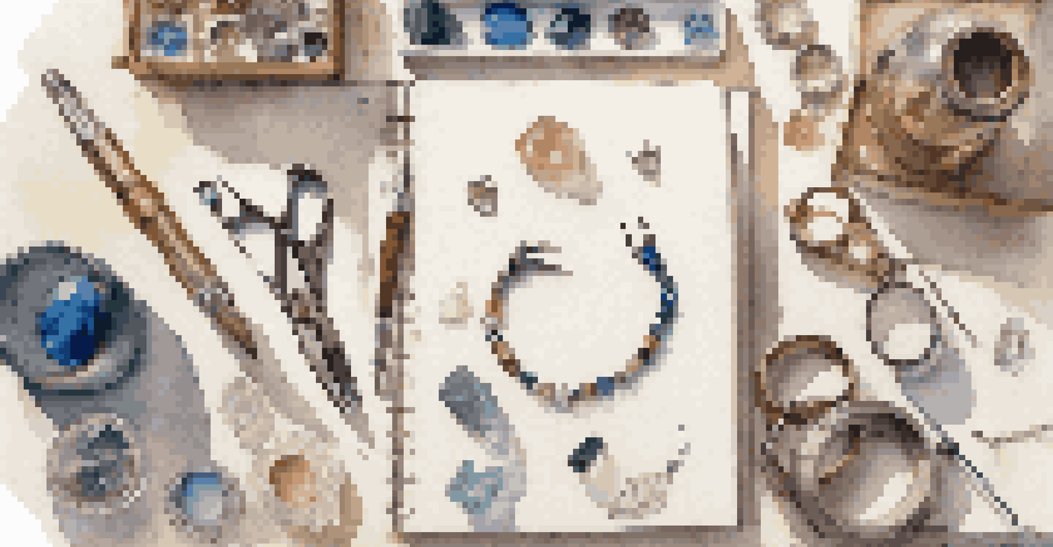 An overhead view of a jewelry-making workspace with tools, gemstones, and design sketches, illuminated by soft light.