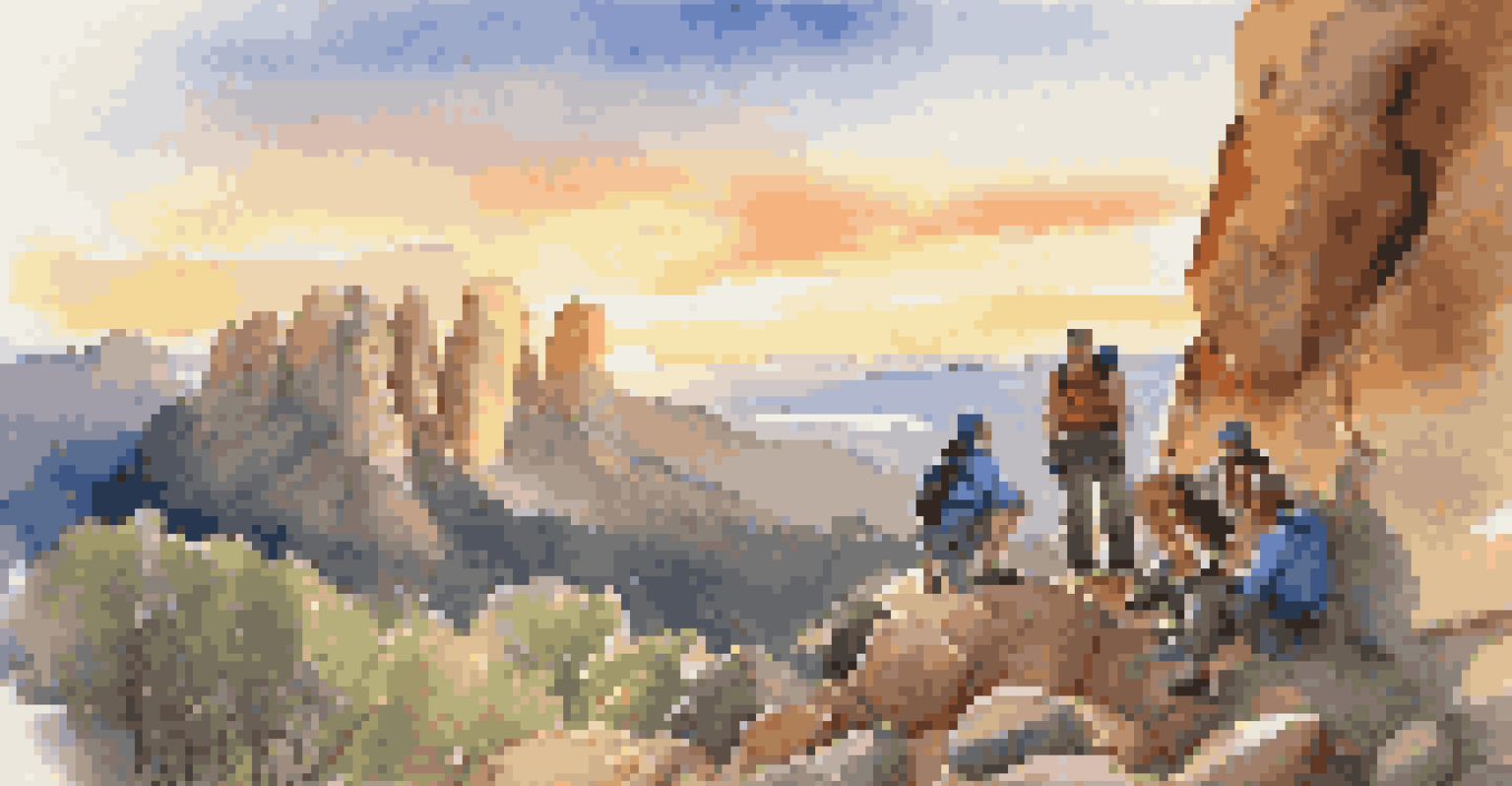 A group of rock climbers enjoying a hydration break at a scenic viewpoint, surrounded by beautiful sunset colors and a large boulder.