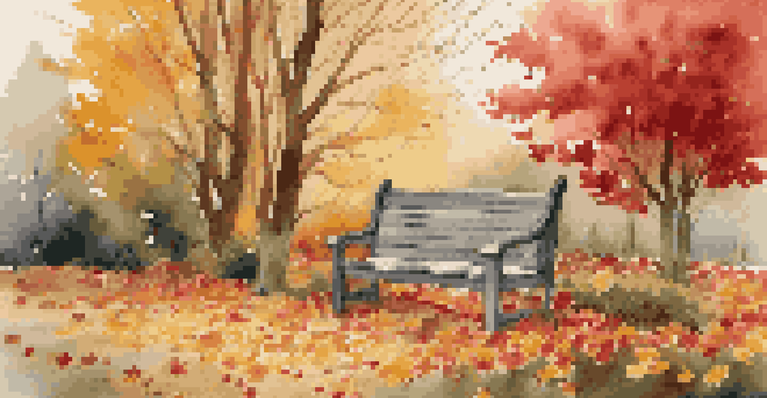 An autumn garden with red and gold chrysanthemums, a backdrop of maple trees, and a rustic wooden bench surrounded by fallen leaves.