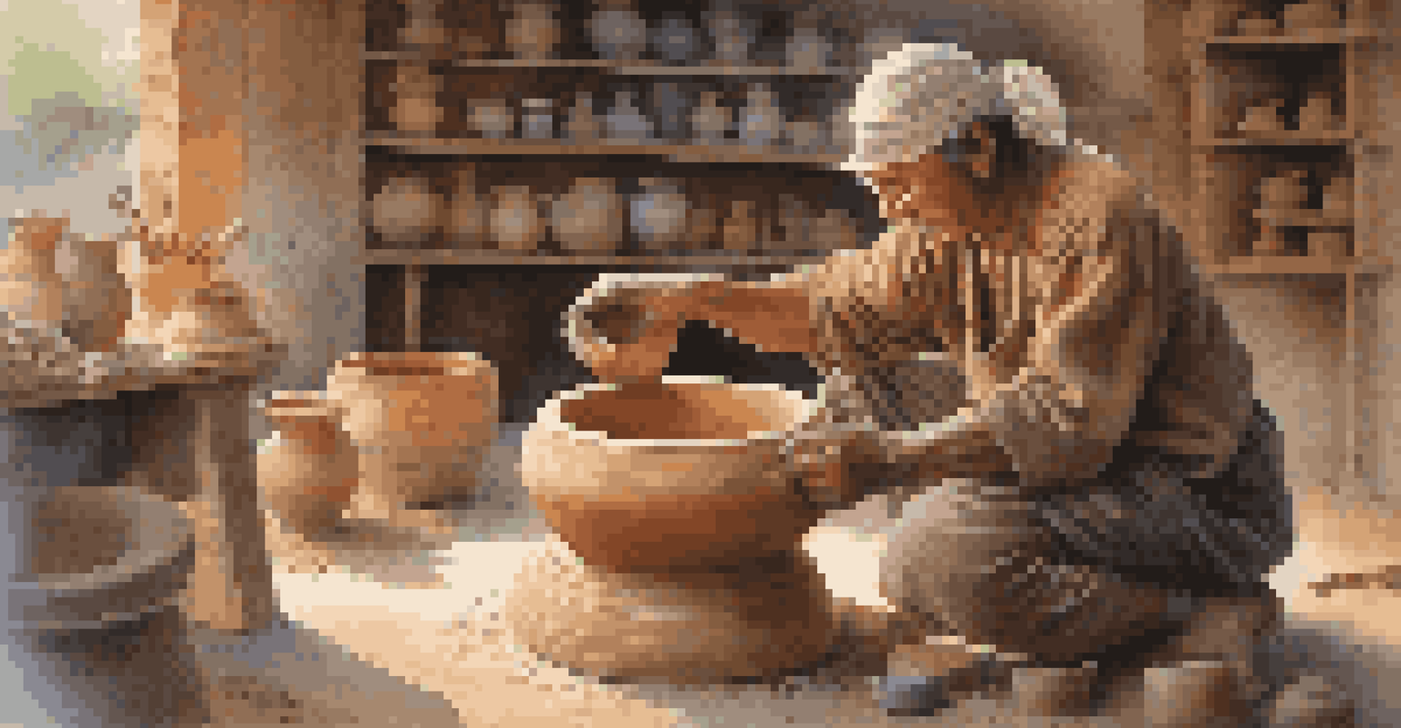 An artisan shaping a ceramic pot on a wheel, with tools and colorful glazes in the background.