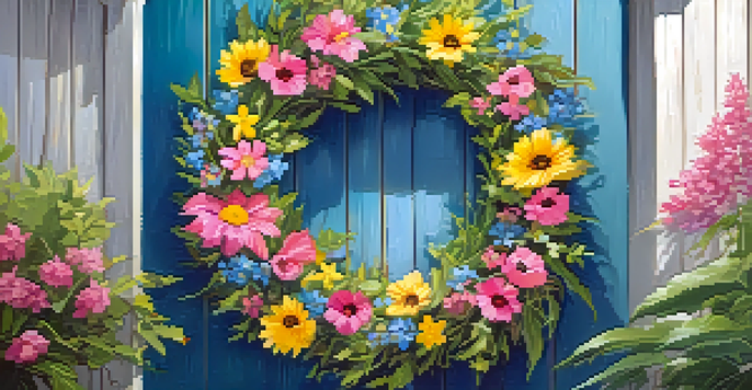 A colorful spring wreath decorated with flowers and greenery on a wooden door, illuminated by soft sunlight.
