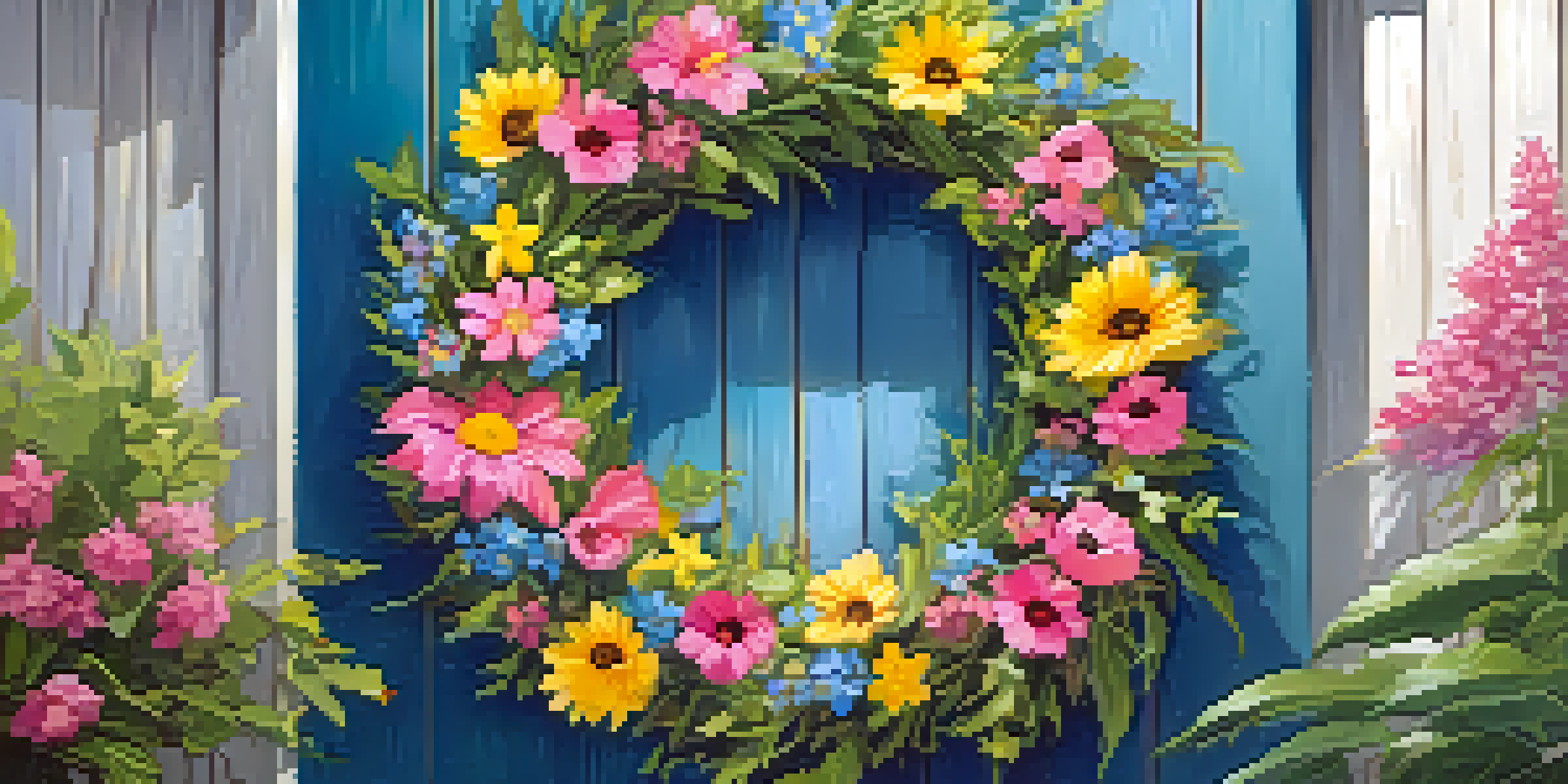 A colorful spring wreath decorated with flowers and greenery on a wooden door, illuminated by soft sunlight.