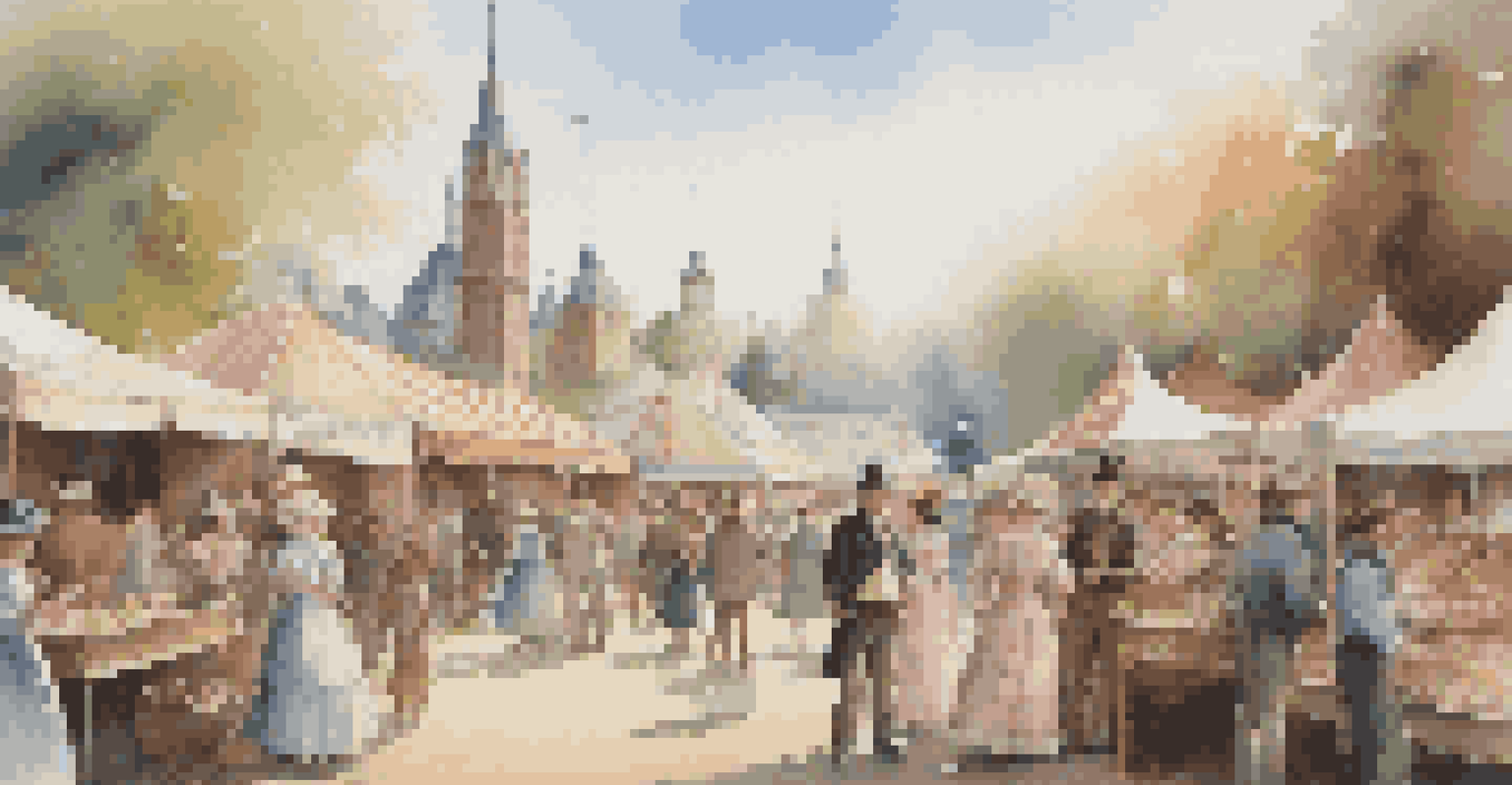 A Victorian-era fair with participants in period clothing, crafts stalls, and children playing games, bathed in soft pastel colors.