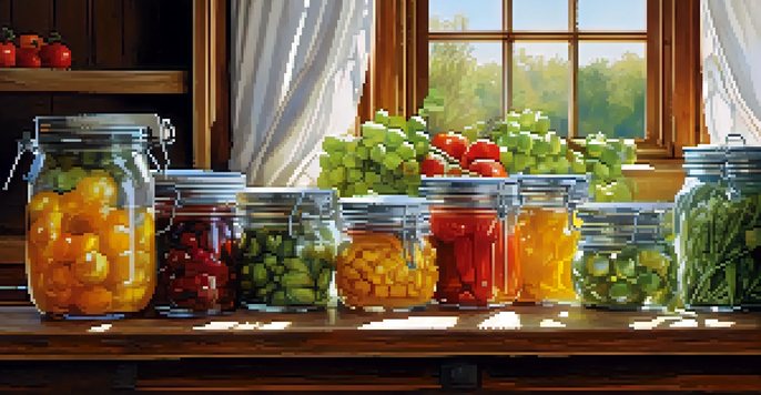 A cozy kitchen scene featuring home canning tools like glass jars and a funnel, with fresh fruits and vegetables on a wooden countertop, illuminated by sunlight.