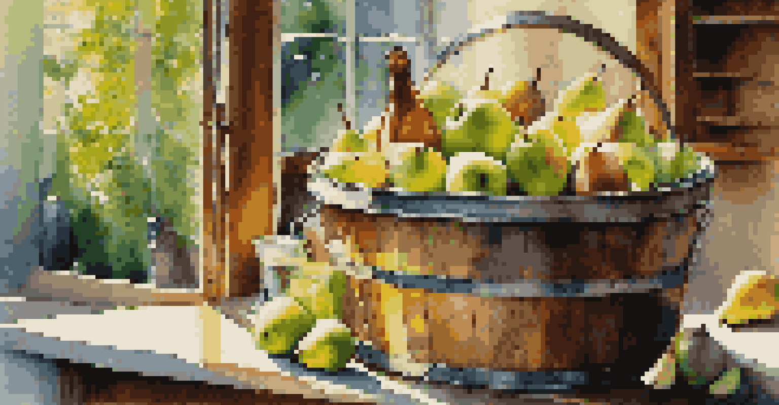 An outdoor scene with an ice bucket of Prosecco and fresh fruits, illuminated by sunlight.