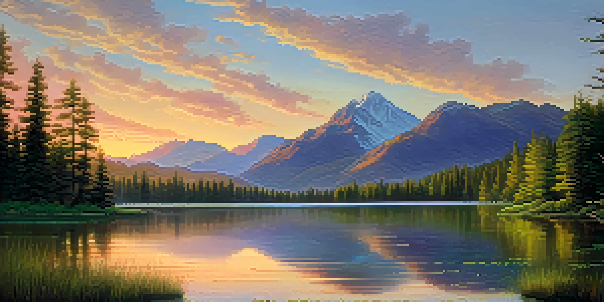 A peaceful lake surrounded by forests and mountains at sunset.