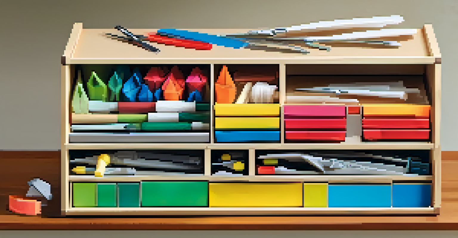 An organized toolbox with origami tools and colorful paper, set against a clean background.