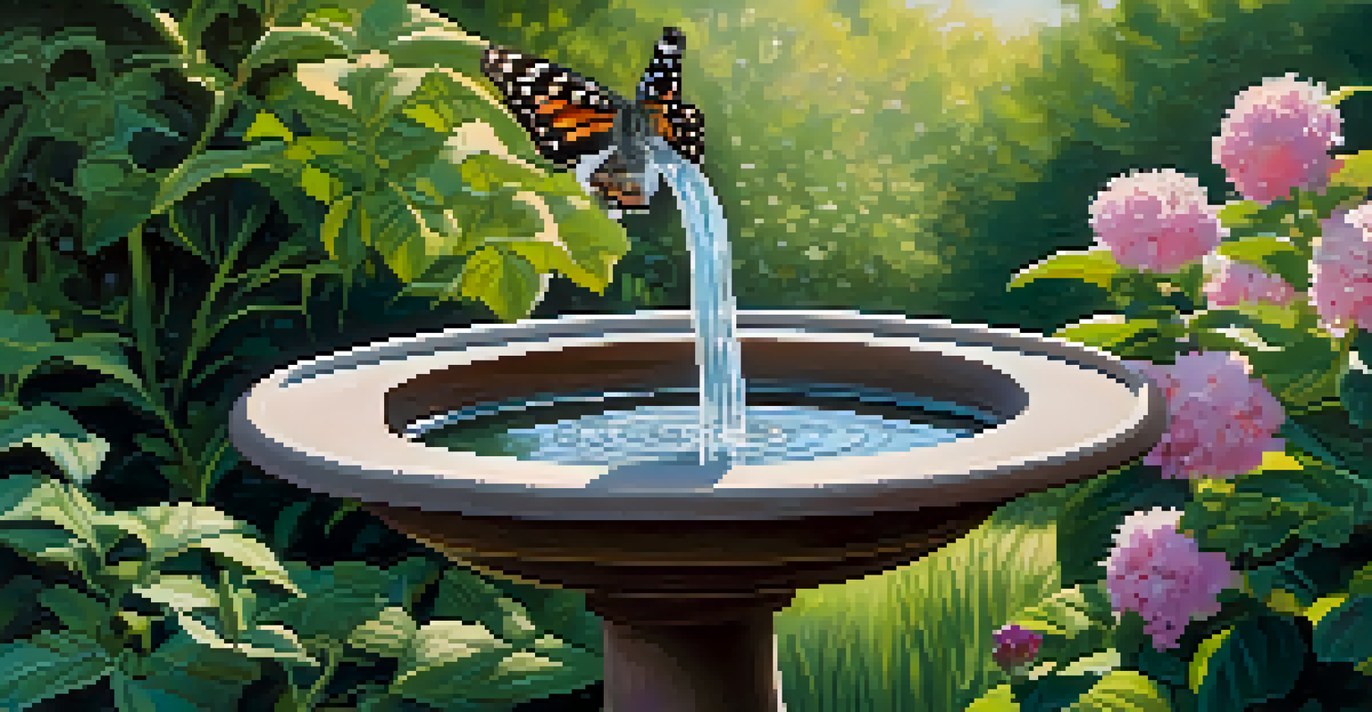 A butterfly drinking water from a birdbath surrounded by flowers and shrubs in a sunny garden.