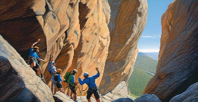 A diverse group of climbers on a rocky cliff face, with one woman reaching for a handhold and others cheering in the background under a clear sky.