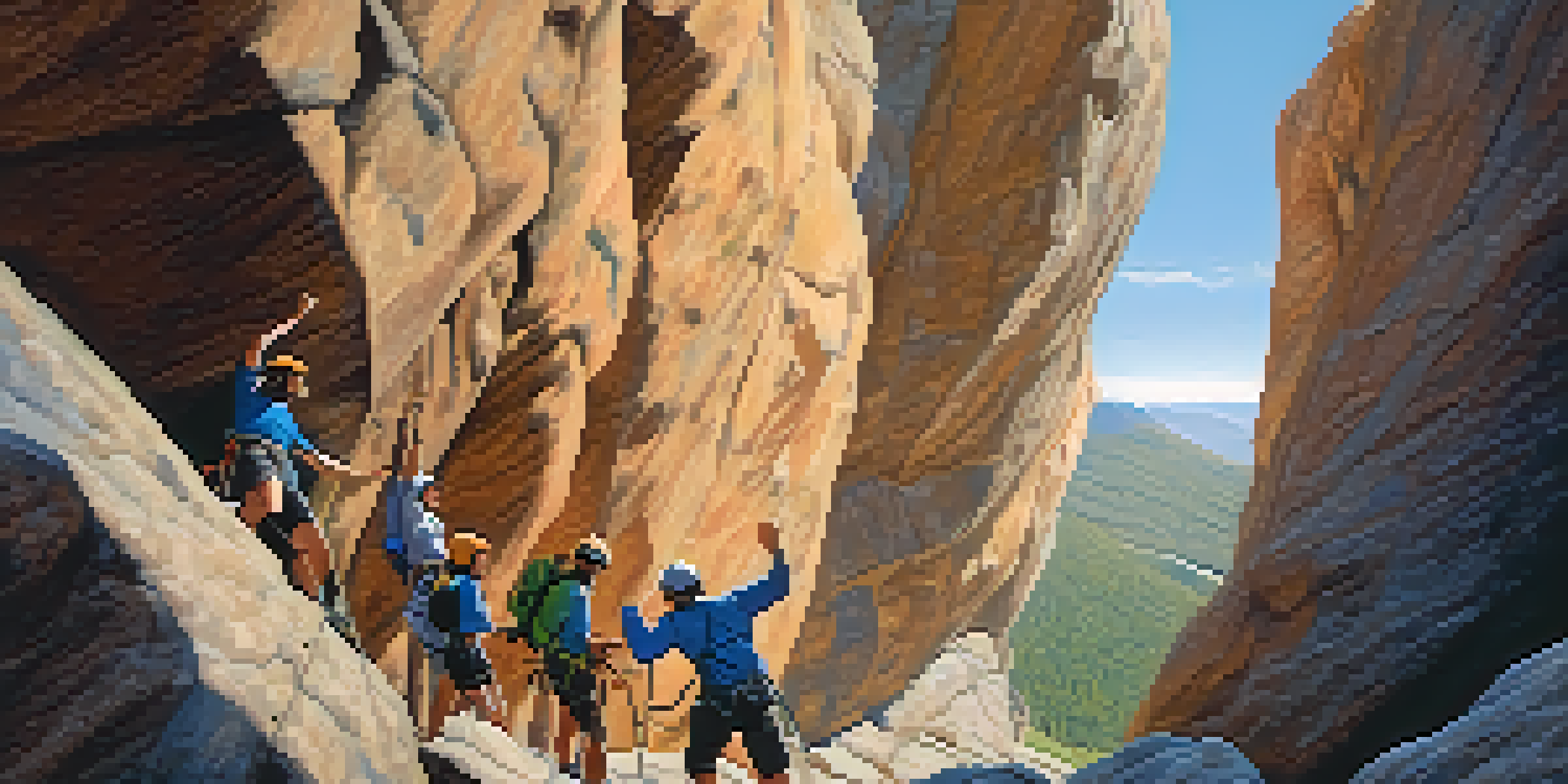 A diverse group of climbers on a rocky cliff face, with one woman reaching for a handhold and others cheering in the background under a clear sky.