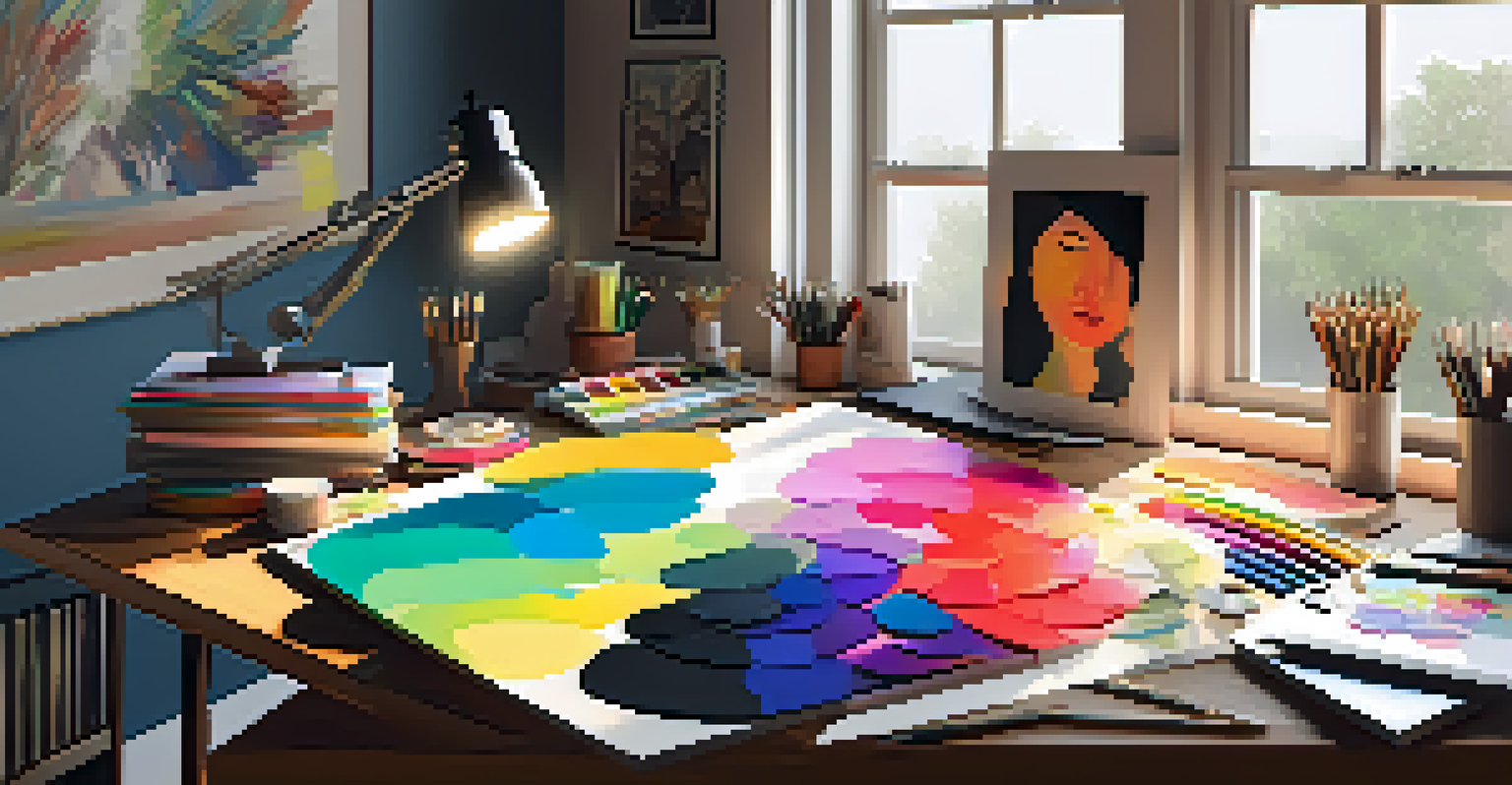 A warm and inviting digital art studio with colorful supplies, canvases, and paintings displayed on the walls.