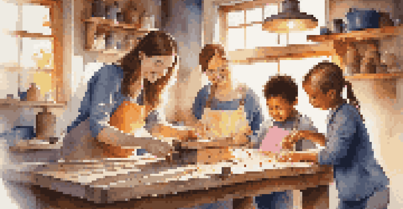 A family collaborating on a birdhouse project in a cozy workshop, painting the wooden structure with colorful paints, natural light streaming through the window.