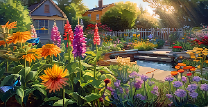 A colorful garden with various native plants attracting pollinators, including bees and butterflies, with a birdhouse and a water source visible in the scene.