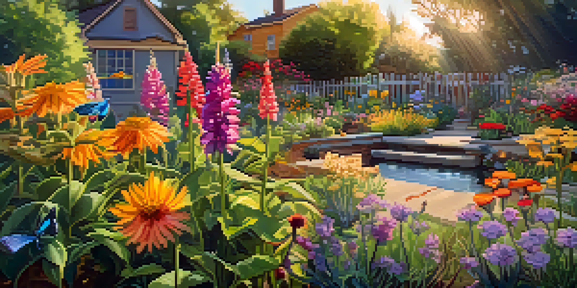 A colorful garden with various native plants attracting pollinators, including bees and butterflies, with a birdhouse and a water source visible in the scene.