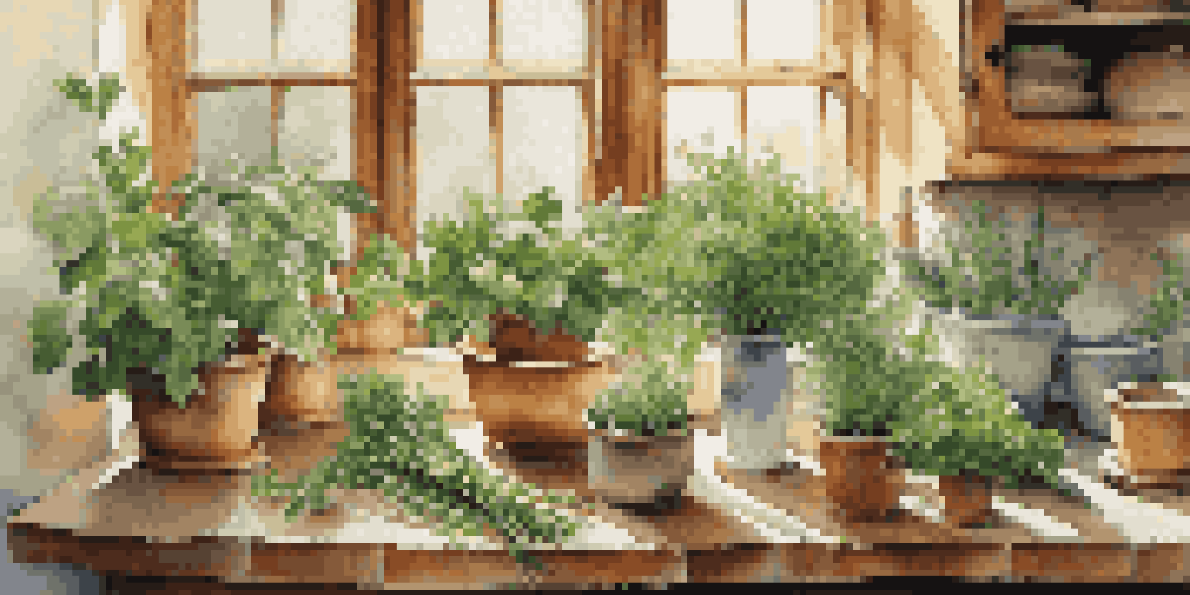 A kitchen countertop filled with fresh herbs in ceramic pots, illuminated by natural sunlight coming through a window.