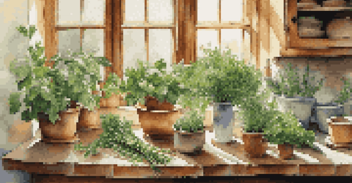 A kitchen countertop filled with fresh herbs in ceramic pots, illuminated by natural sunlight coming through a window.