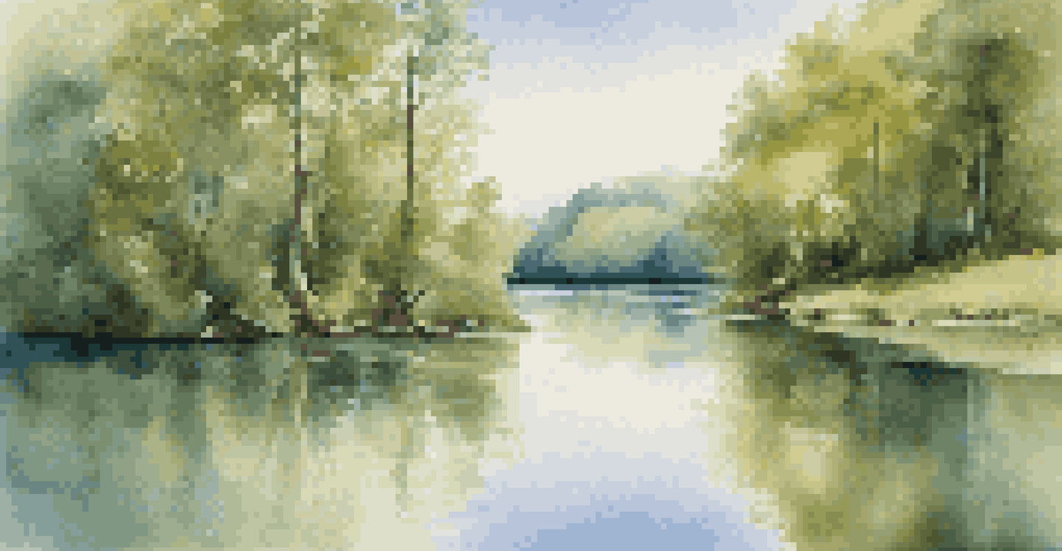 A picturesque landscape of a calm lake reflecting trees and a blue sky, with a canoe near the shore.