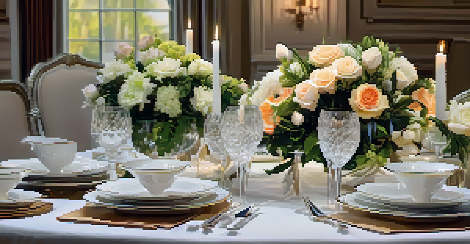 An elegantly set dining table with fine china, glassware, and a floral centerpiece.