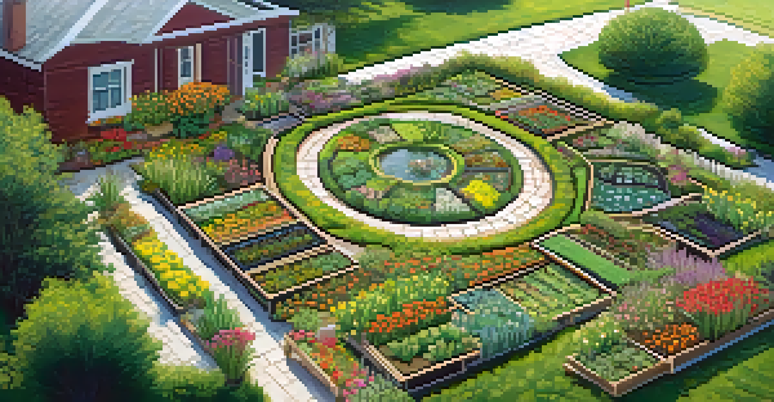 An aerial view of a permaculture garden with swales and raised beds, filled with a variety of plants and a pond.