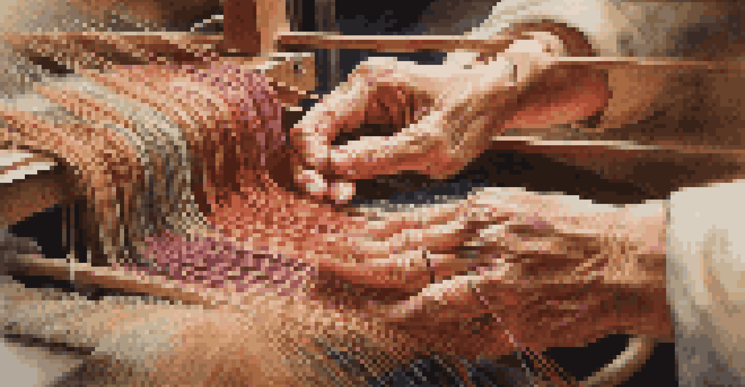 Close-up of hands weaving on a wooden loom with colorful yarns.