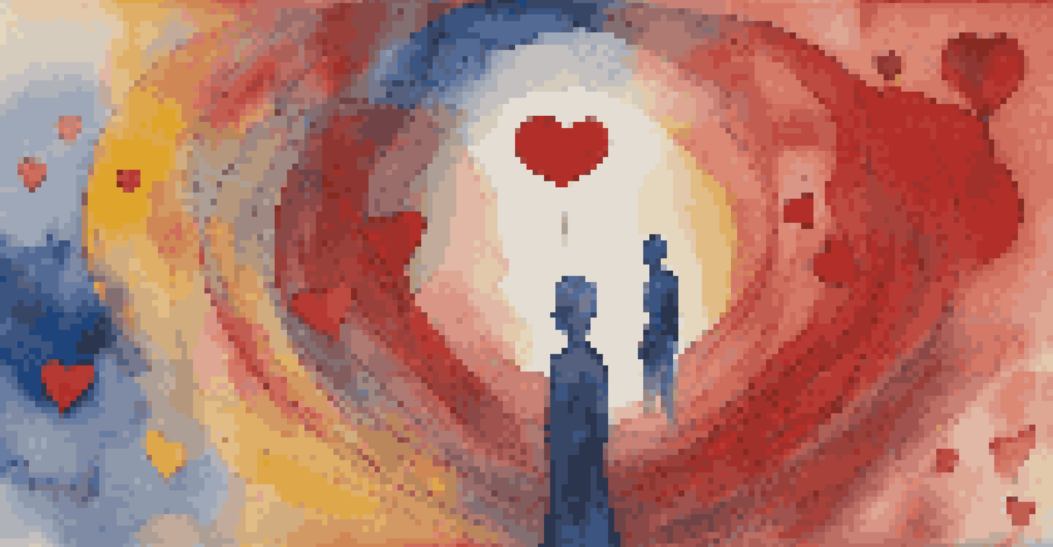 A silhouette of a person against a colorful background with hearts and masks, symbolizing love and identity.