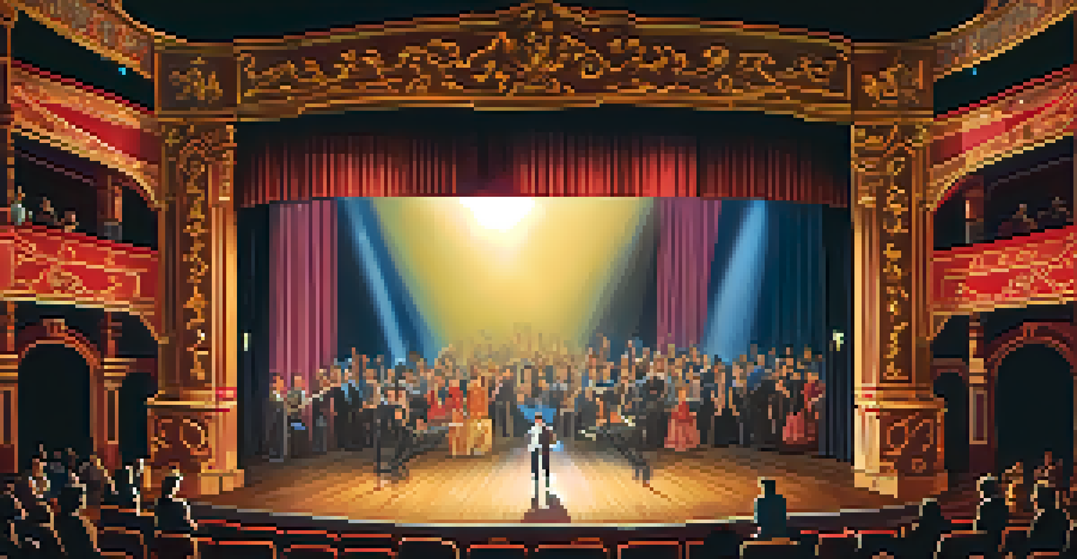 A vibrant theater stage with an actor performing under bright lights, surrounded by elaborate props and a captivated audience.