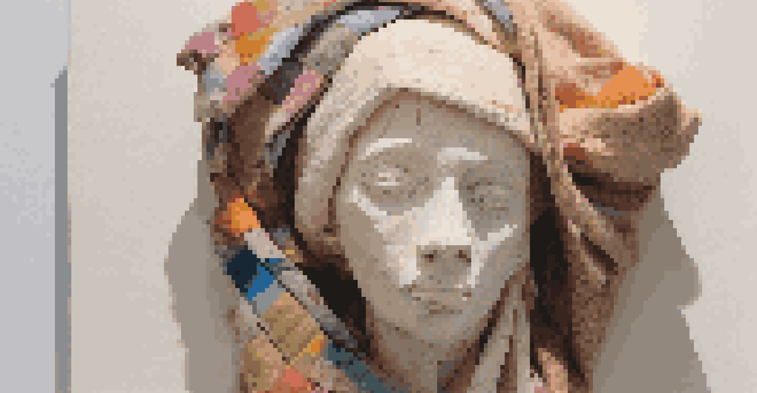 A mixed media sculpture of a figure wrapped in colorful fabric, displayed against a white wall.