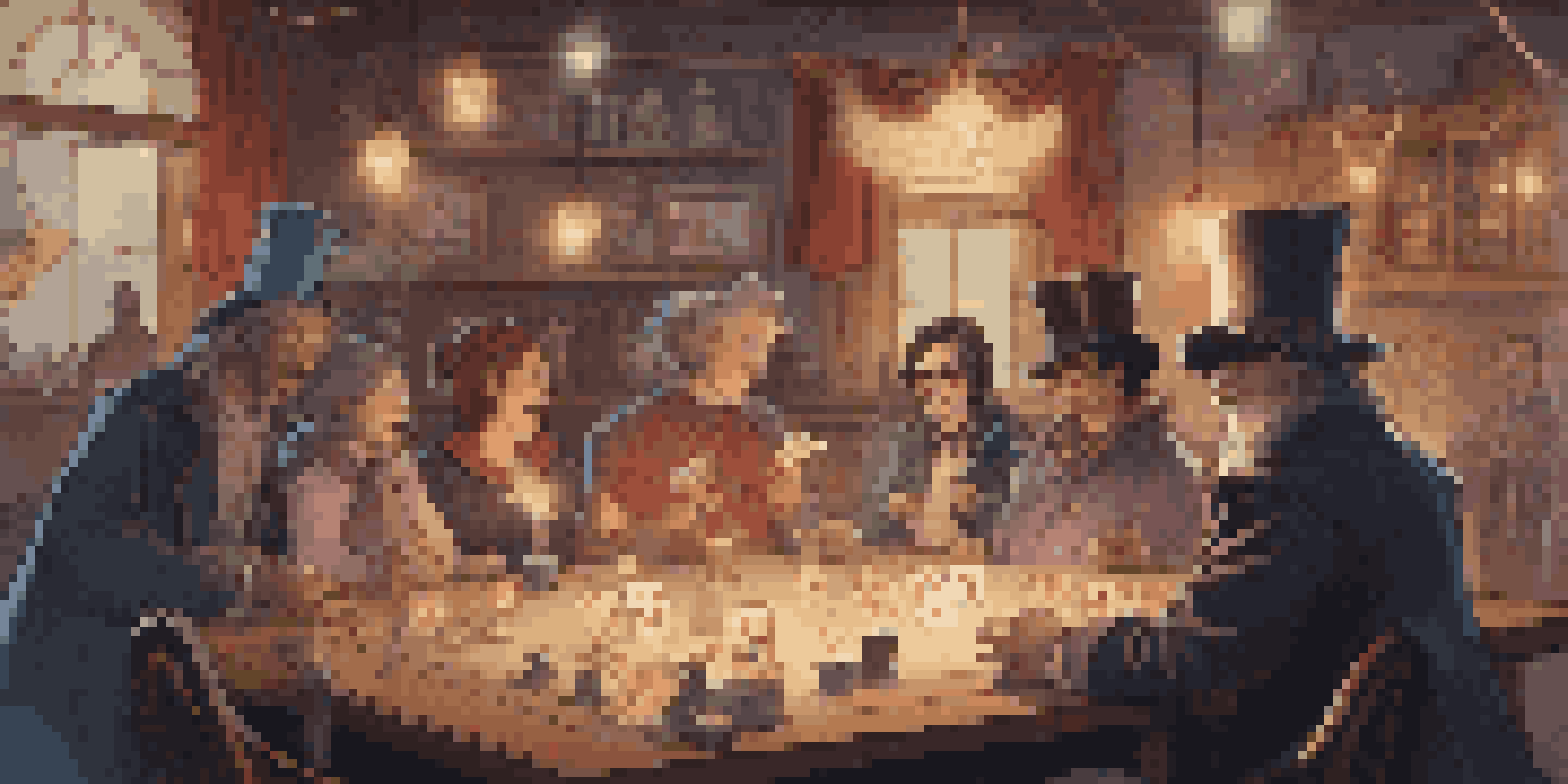 A cozy meeting of diverse magicians sharing techniques and practicing tricks in a warmly lit room filled with magic props.