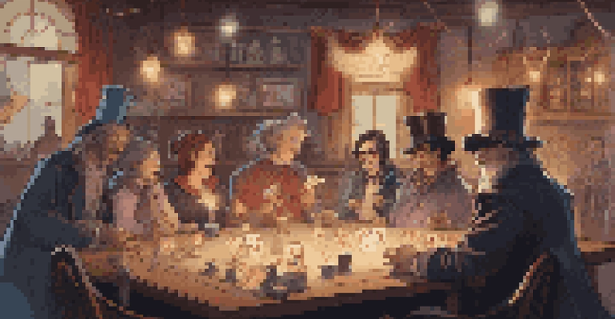 A cozy meeting of diverse magicians sharing techniques and practicing tricks in a warmly lit room filled with magic props.