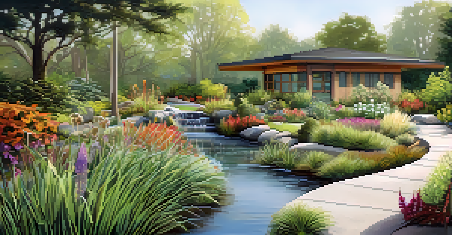 A rain garden filled with native plants and permeable surfaces, showcasing effective water management and attracting wildlife.