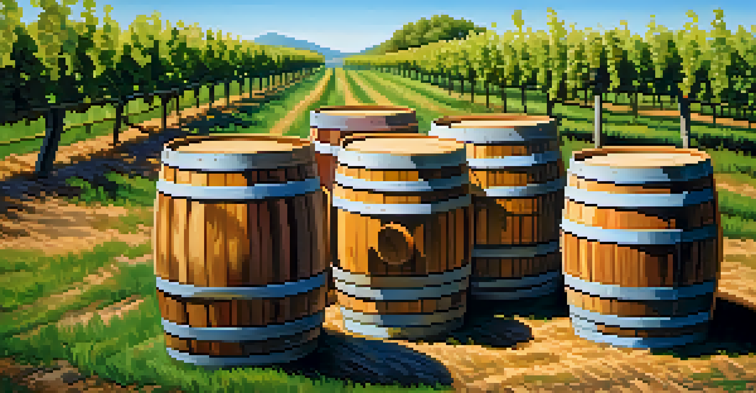 A display of stacked oak barrels in a vineyard, surrounded by green grapevines and a clear blue sky.