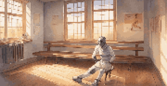A fencer resting on a bench with their gear beside them in a well-lit training room, sunlight streaming through a window.