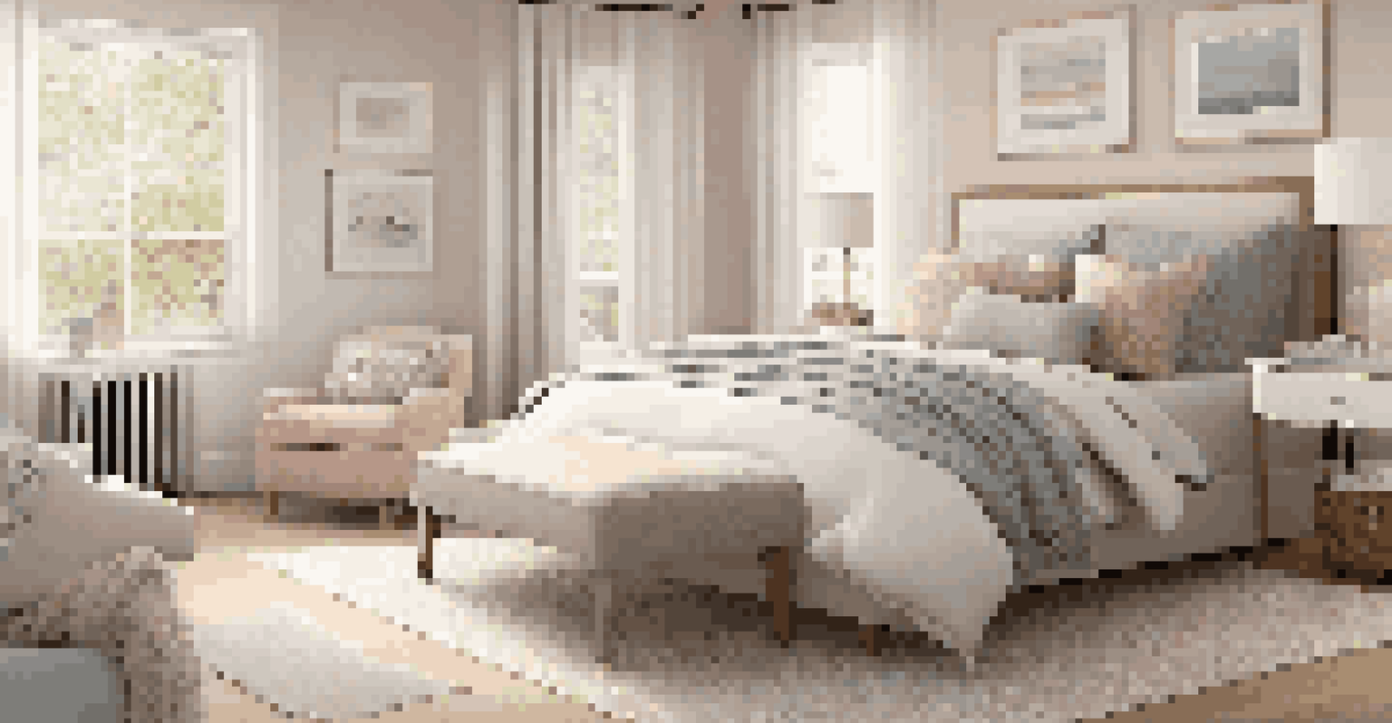 A serene bedroom with pastel colors, a cozy bed with layered textures, and a woven rug on hardwood floors.