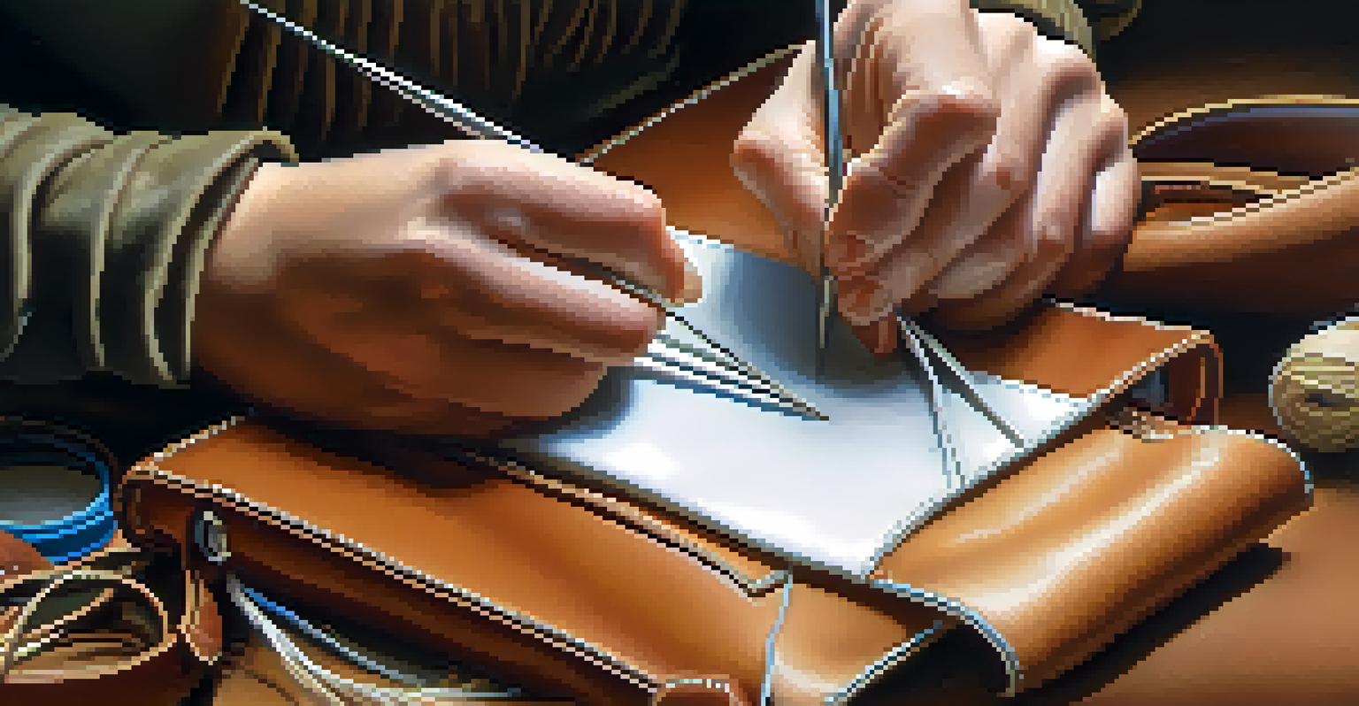 Close-up of hands stitching a leather pouch with a needle and thread, focusing on the stitching details.