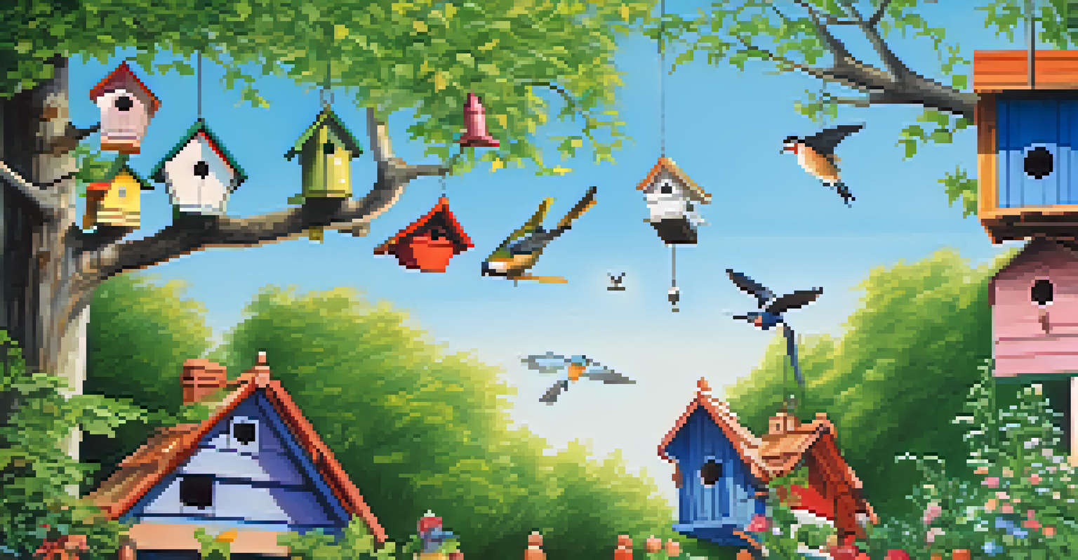 A vibrant garden filled with colorful birdhouses and birds perched on them under a blue sky.