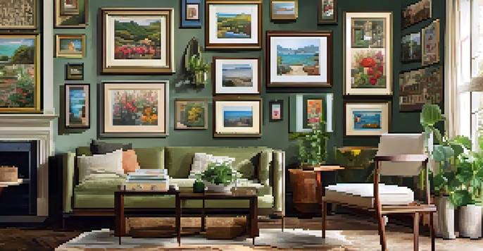 Gallery wall featuring framed jigsaw puzzles alongside photographs and paintings, with warm lighting and decorative elements.