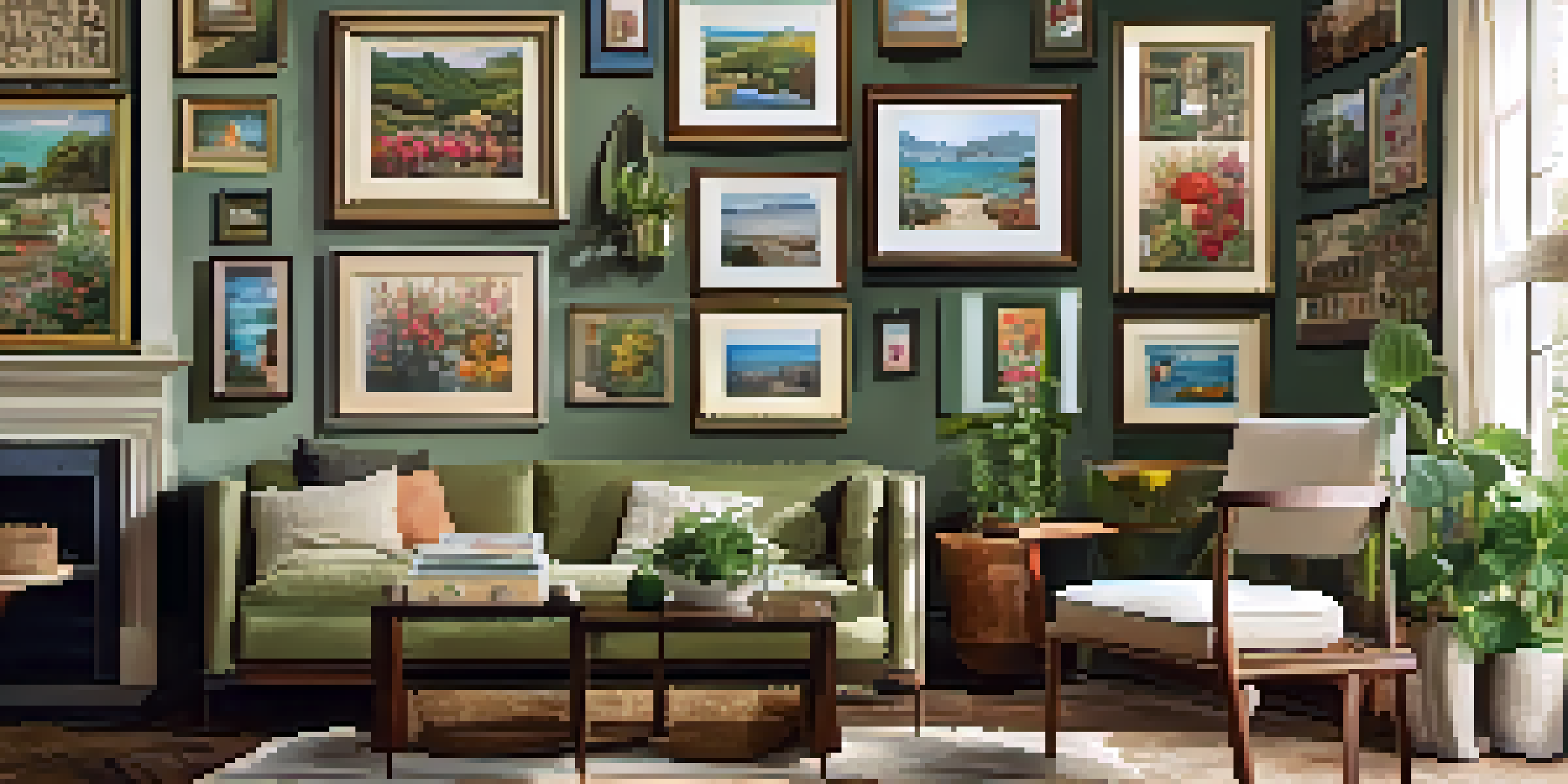 Gallery wall featuring framed jigsaw puzzles alongside photographs and paintings, with warm lighting and decorative elements.