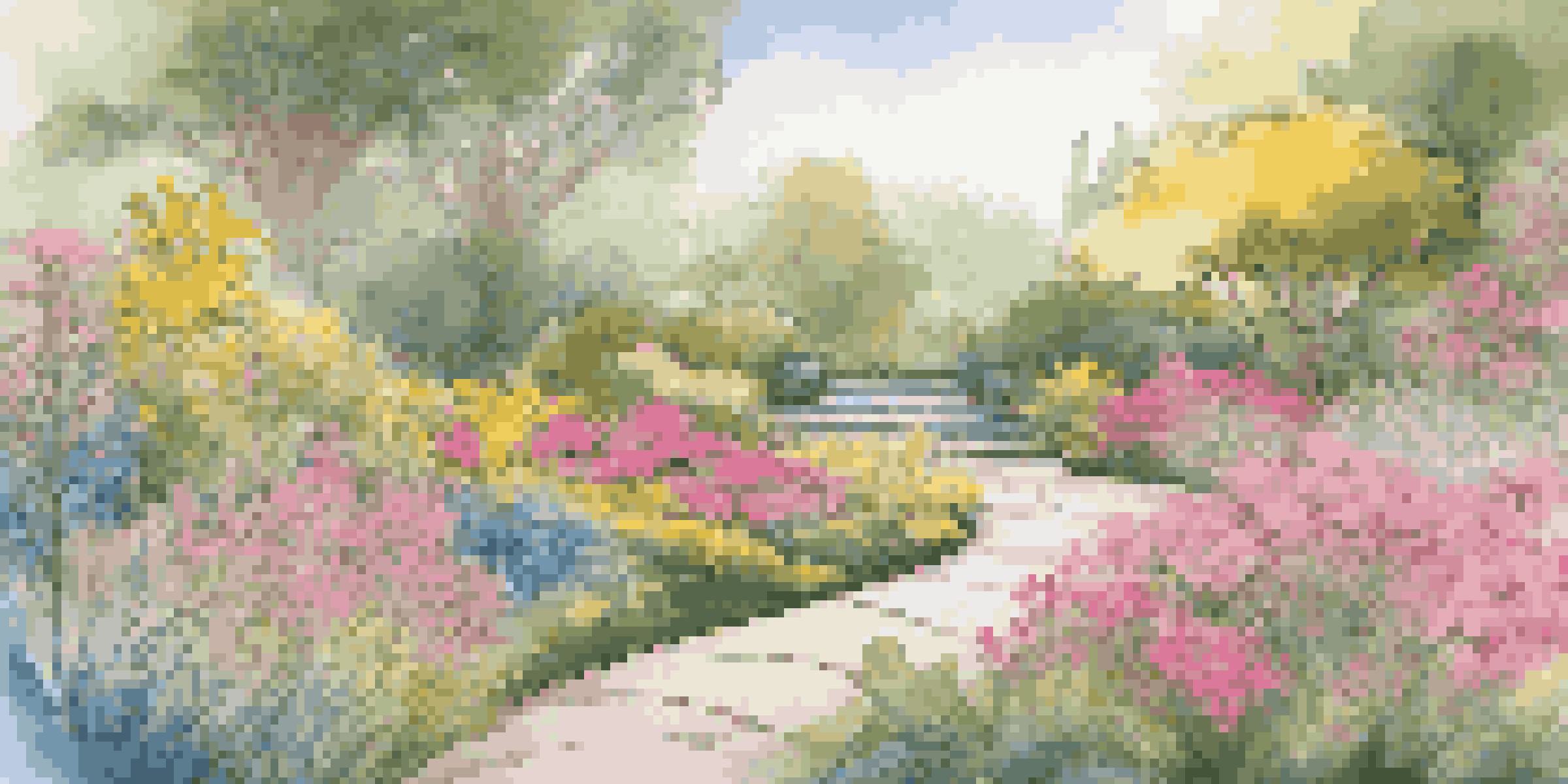 A colorful digital garden design featuring vibrant flowers and lush greenery with winding pathways and warm sunlight.