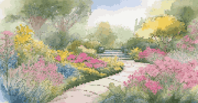 A colorful digital garden design featuring vibrant flowers and lush greenery with winding pathways and warm sunlight.