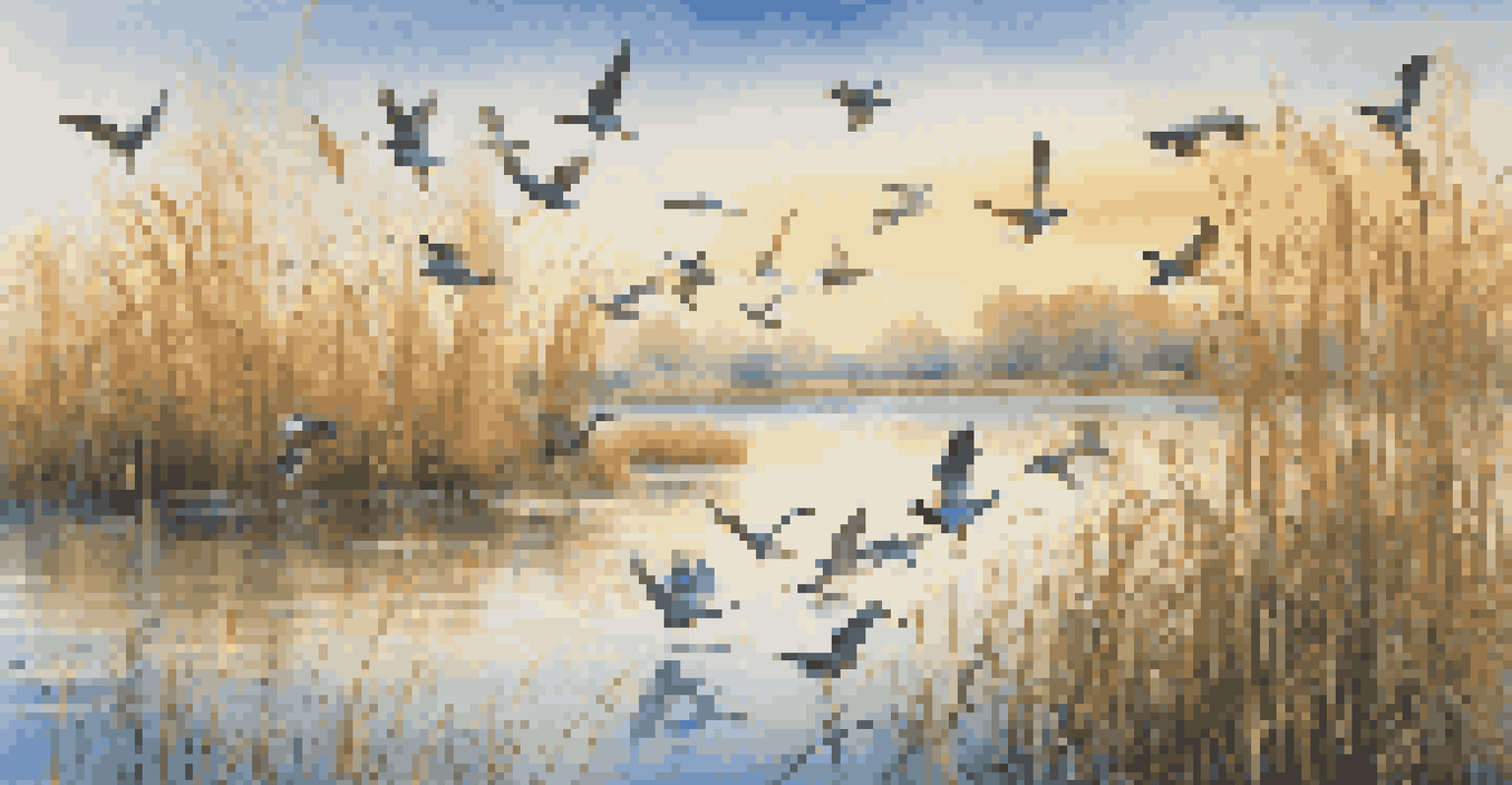 A variety of birds gathered in a sunny wetlands area, showcasing different species in action.
