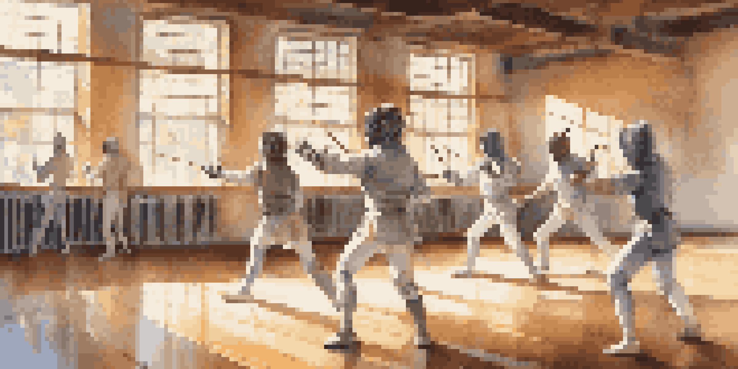 A group of fencers practicing in a bright gym, with sunlight pouring through windows and inspirational quotes on the walls.