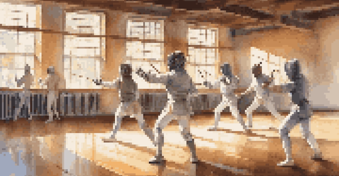 A group of fencers practicing in a bright gym, with sunlight pouring through windows and inspirational quotes on the walls.