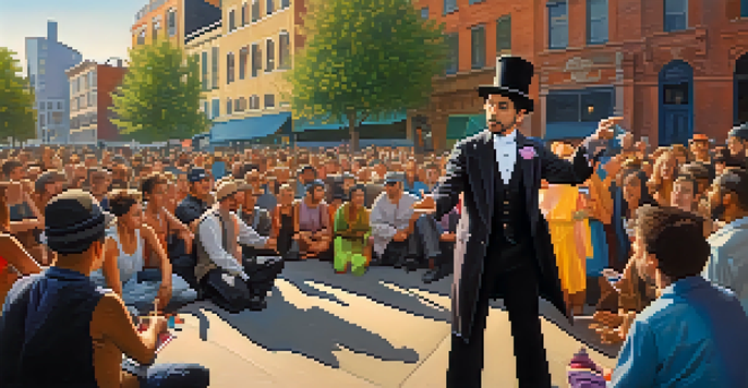 A street magician performing an illusion in a busy urban area with a diverse crowd watching in awe.