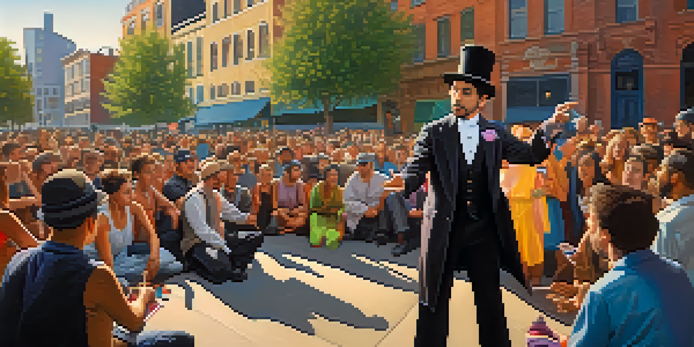 A street magician performing an illusion in a busy urban area with a diverse crowd watching in awe.
