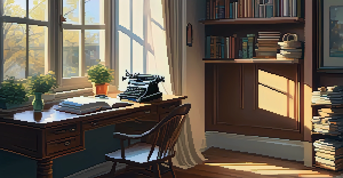 A writing nook with a desk, notebook, typewriter, and a cup of tea, illuminated by sunlight.
