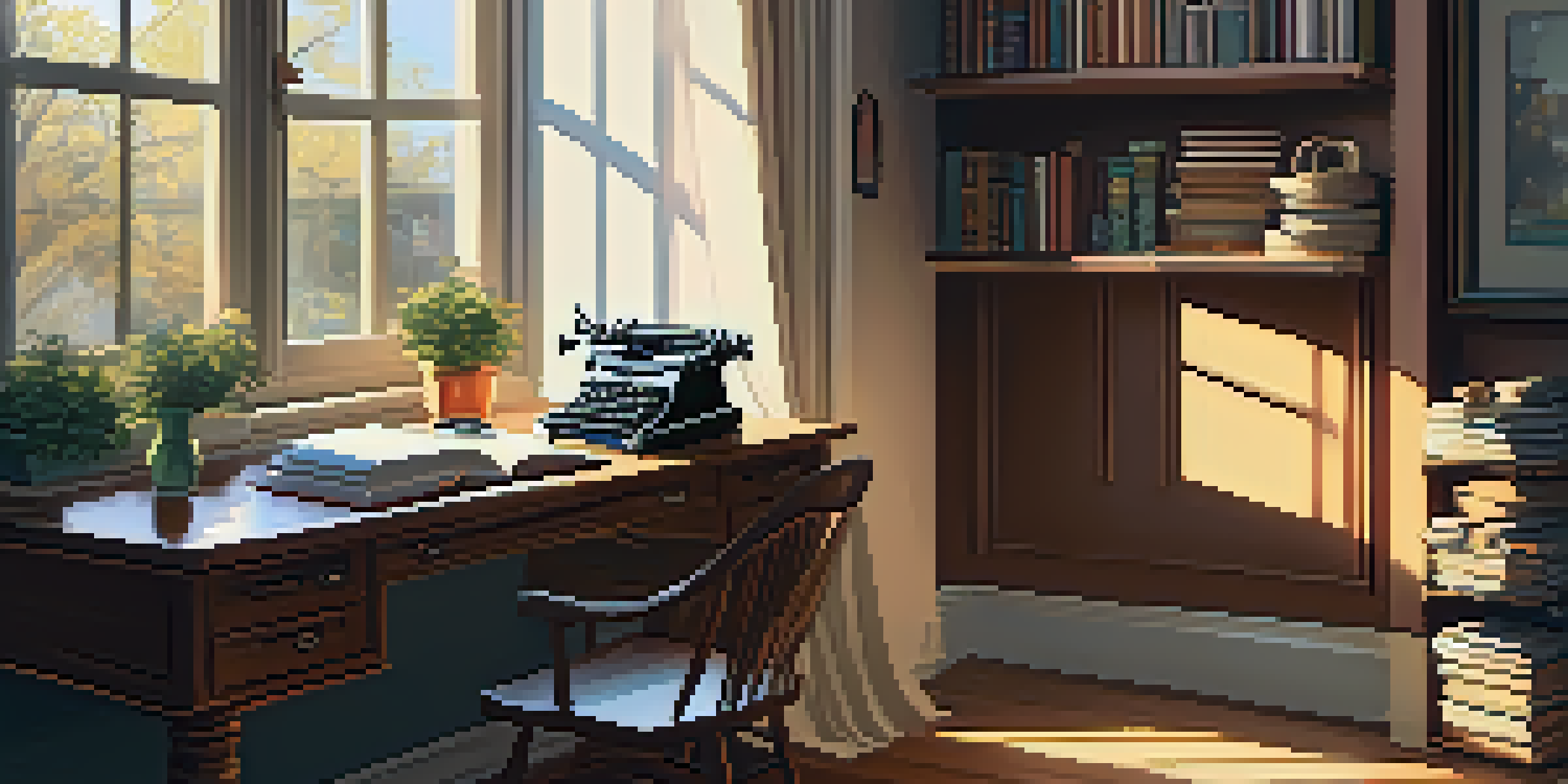 A writing nook with a desk, notebook, typewriter, and a cup of tea, illuminated by sunlight.