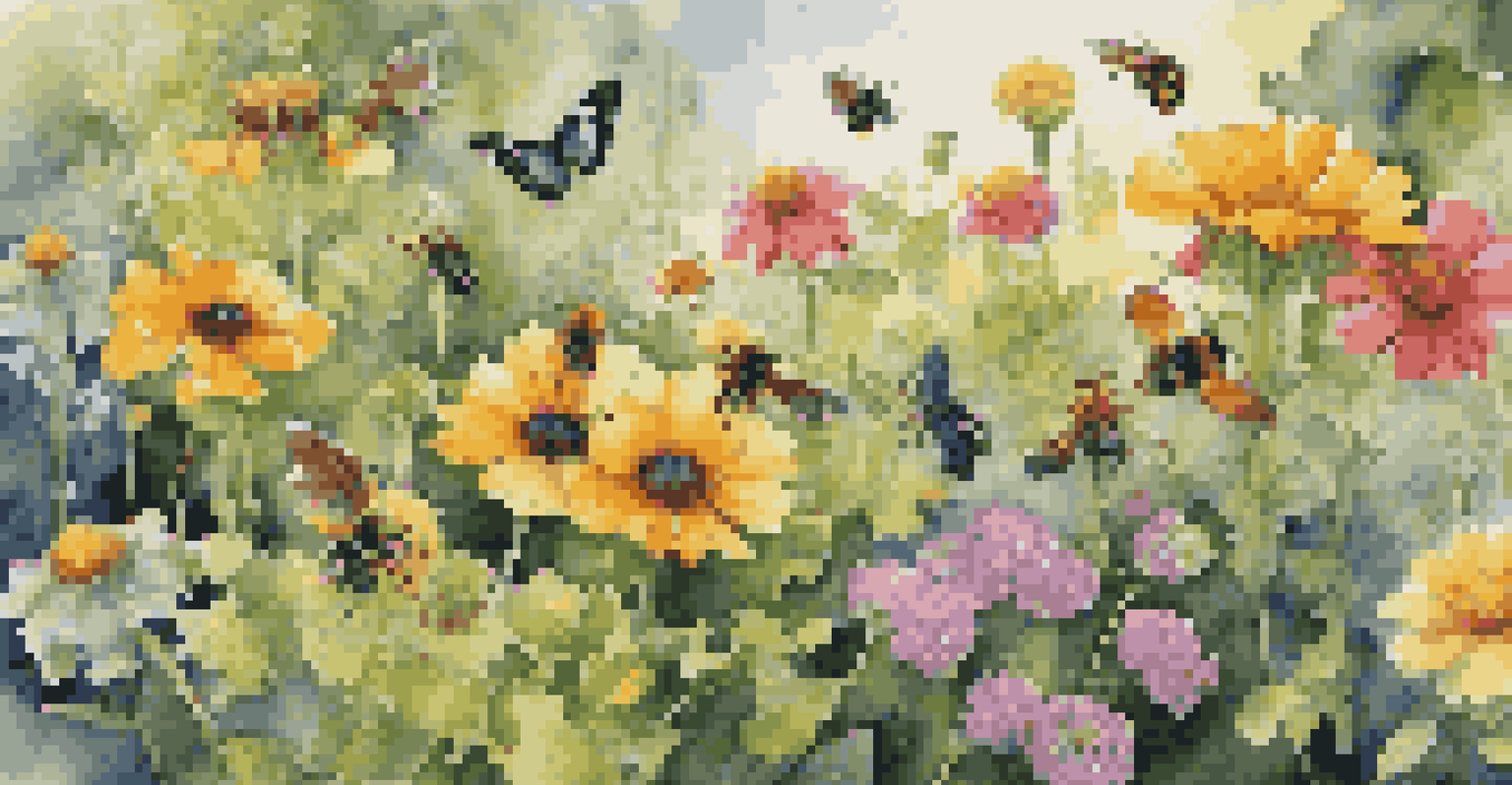 A close-up of vibrant flowers attracting bees and butterflies, surrounded by green leaves and garden tools, illuminated by sunlight.